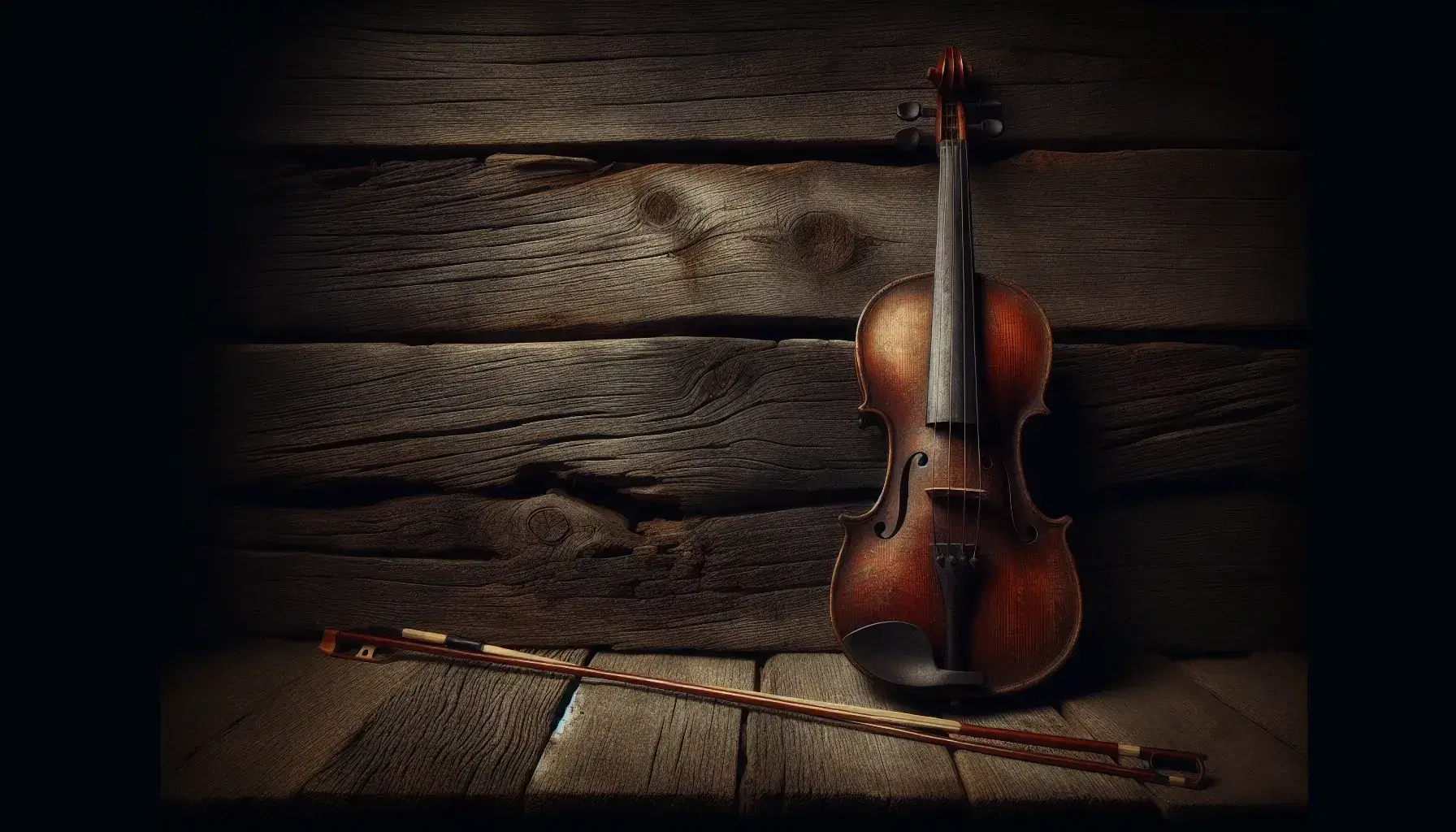 Weathered violin and bow against a dark, rustic wooden plank background, showing signs of use and age, with soft shadowing for a somber feel.