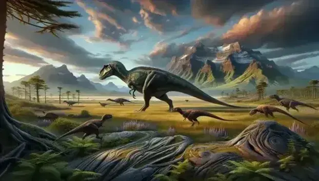 Scena preistorica con dinosauro erbivoro verde su pianura, piccoli carnivori tra alberi, montagne innevate sullo sfondo e fossili in primo piano.