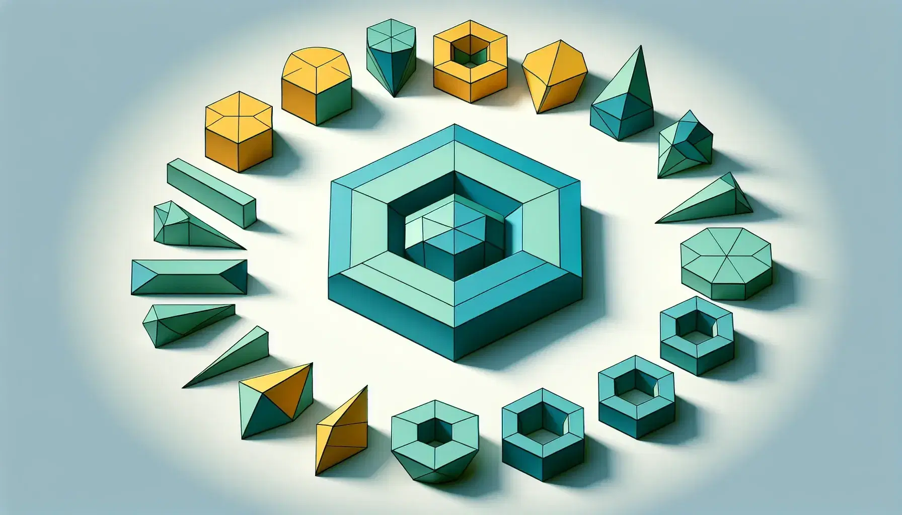 Collection of colorful geometric shapes including a light blue hexagon, green pentagon, yellow octagon, orange nonagon, red triangle, purple square, and teal rectangle on white.