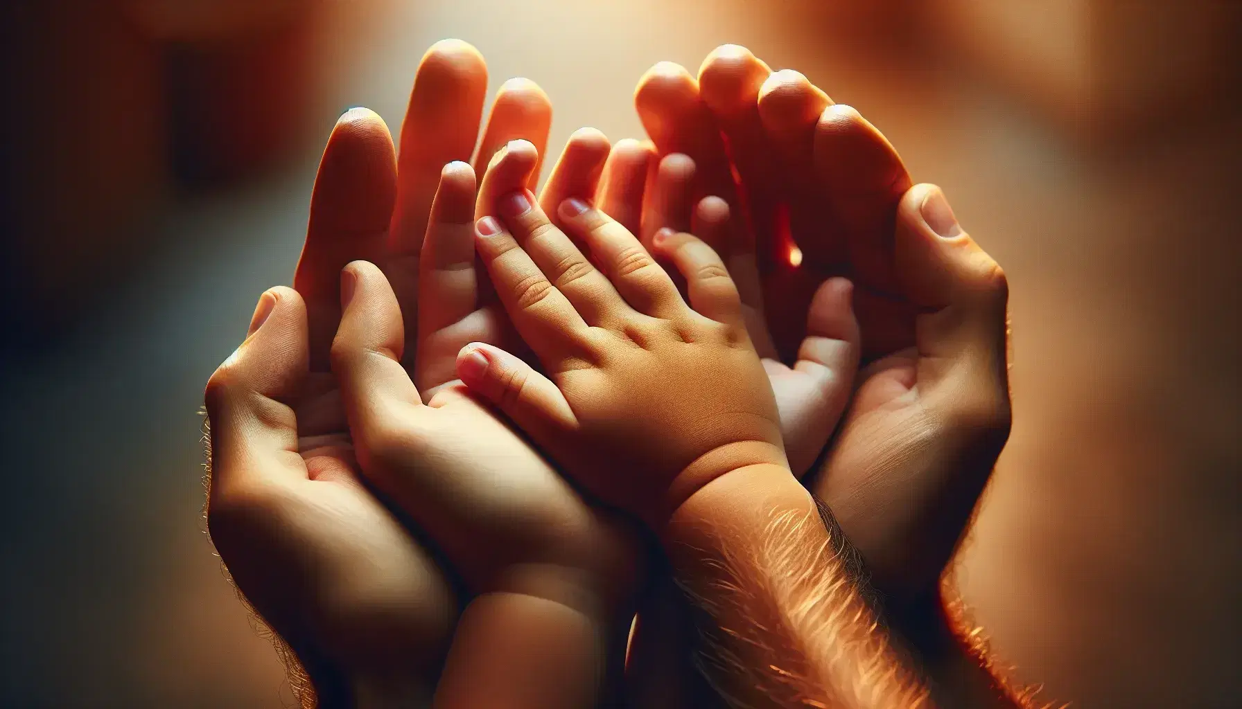 Mani adulte, una femminile e una maschile, tengono dolcemente le mani piccole di un bambino, sfondo sfocato caldo.