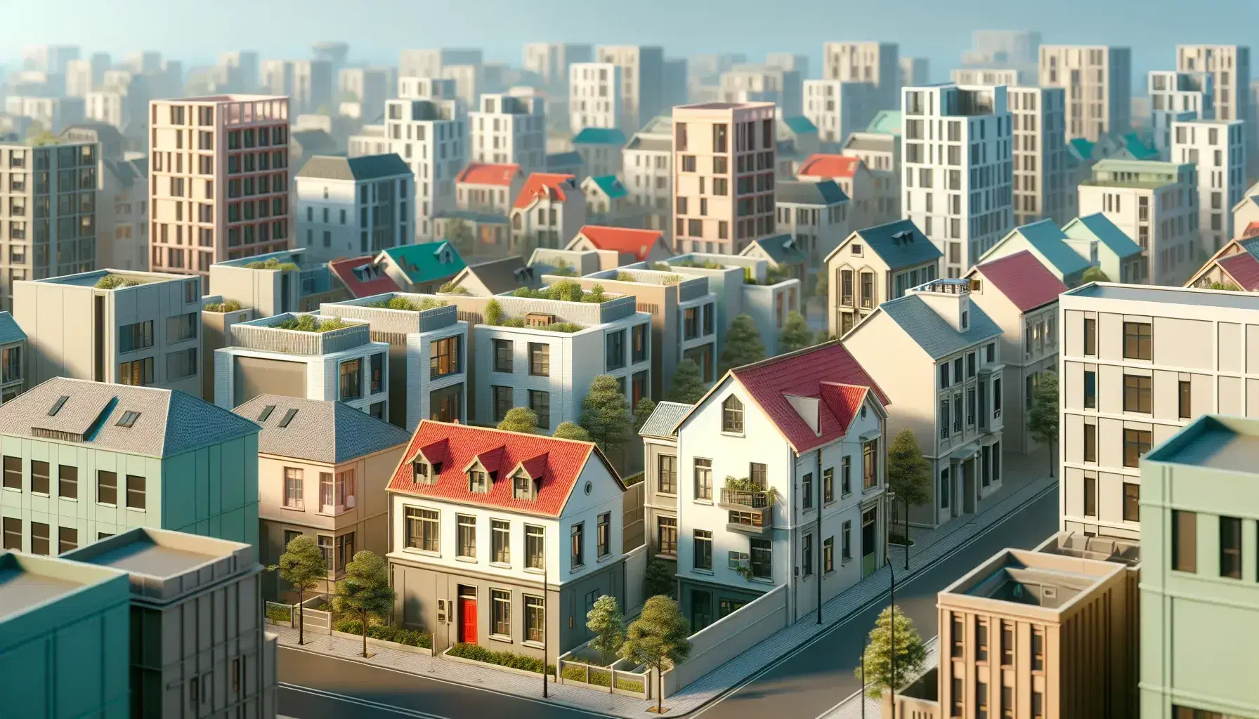 Paisaje urbano con casas y edificios de distintos tamaños, techos rojos y fachadas de ladrillo y estuco, árboles verdes y cielo azul claro.