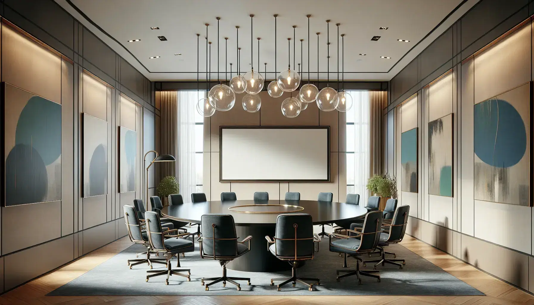 Sala de reuniones espaciosa con mesa ovalada de madera oscura, sillas azul oscuro, pizarra blanca y ventanas que aportan luz natural.