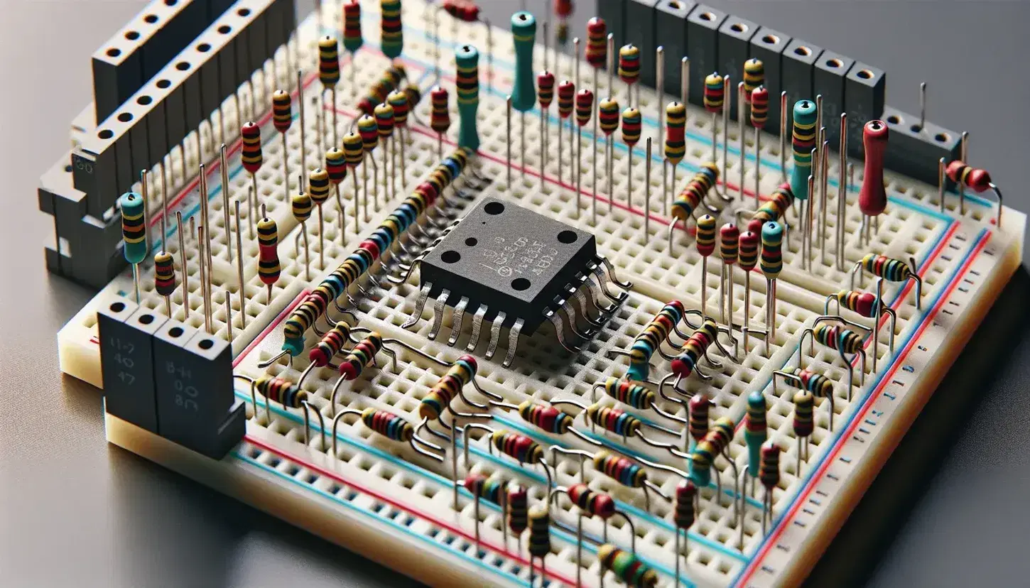 Close-up view of an operational amplifier on a breadboard with resistors and jumper wires, showcasing an electronic circuit setup.