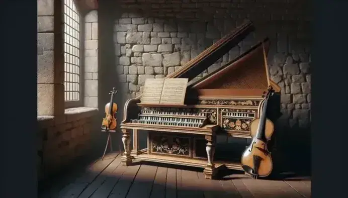 Clavicembalo antico con intarsi e decorazioni floreali in una stanza storica, spartito aperto sul leggio e violino con archetto sullo sfondo.