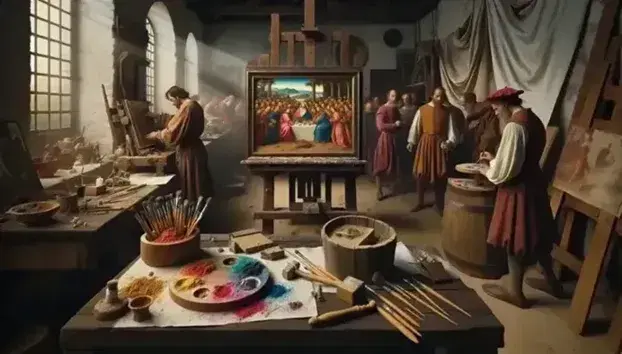 Bottega d'arte rinascimentale con artista che macina pigmenti, assistente che tende tela e dipinto incompiuto su cavalletto.