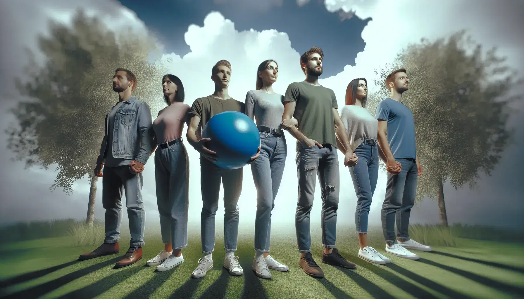 Grupo de cinco personas en parque formando cadena de apoyo con una sosteniendo pelota azul, rodeados de árboles y cielo parcialmente nublado.