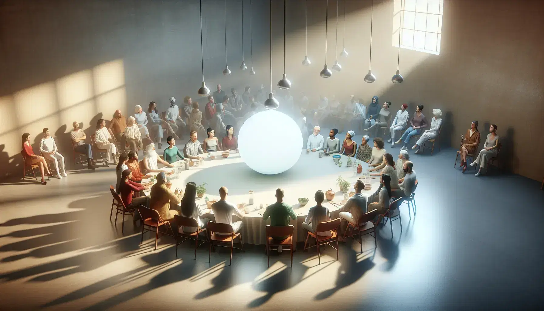Grupo diverso de personas en animada discusión alrededor de una mesa redonda iluminada por una esfera central.