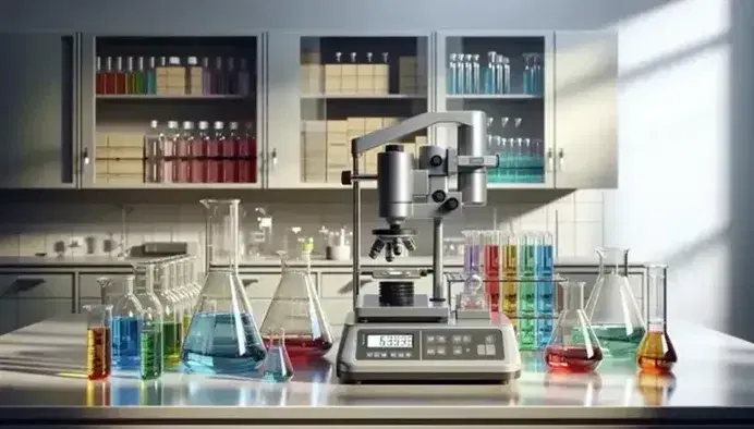 Laboratorio scientifico moderno con provette contenenti liquidi colorati, bilancia analitica digitale e microscopio, senza persone.
