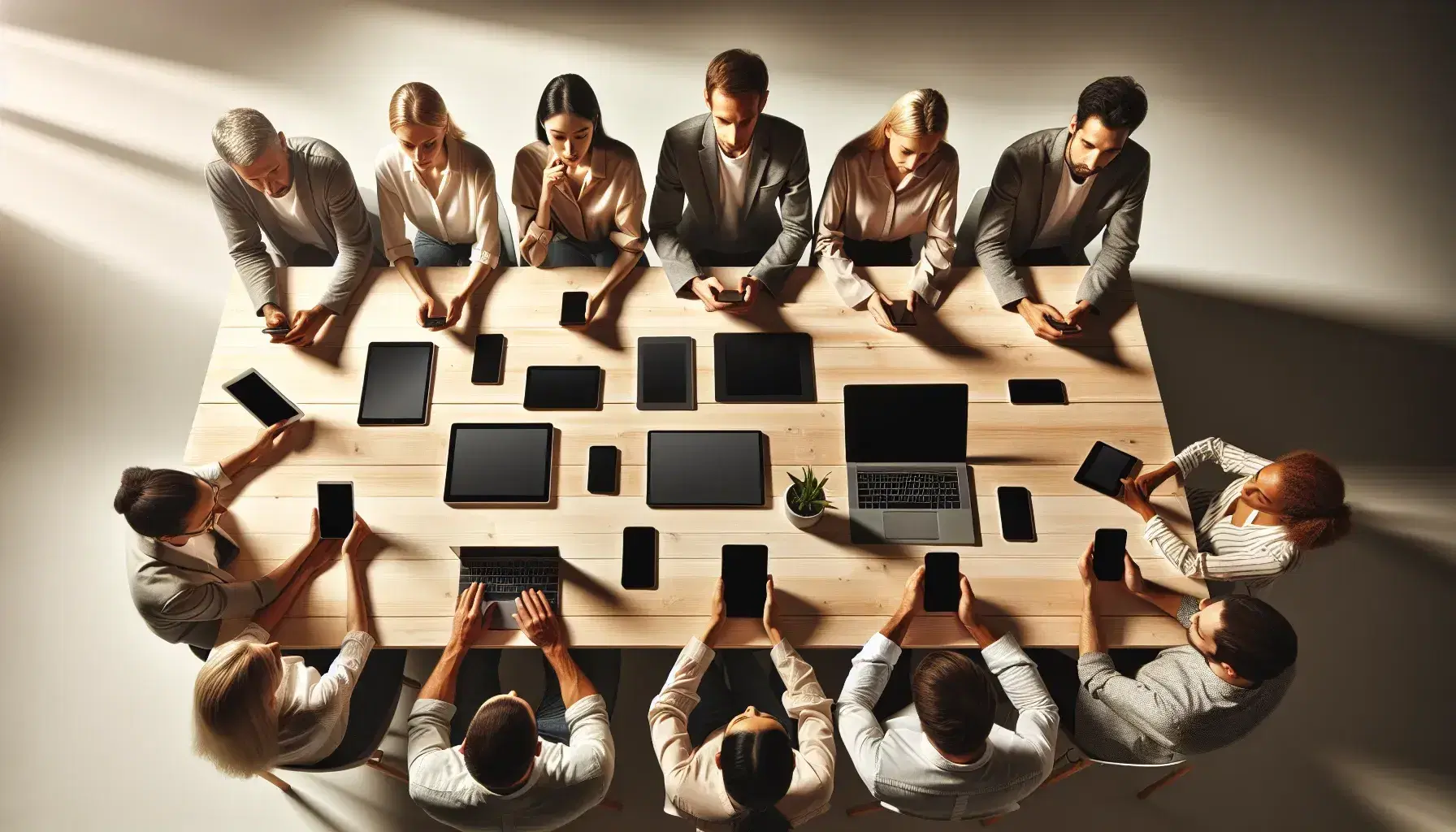 Grupo diverso de personas concentradas en dispositivos electrónicos modernos sobre una mesa de madera en una sala iluminada naturalmente.