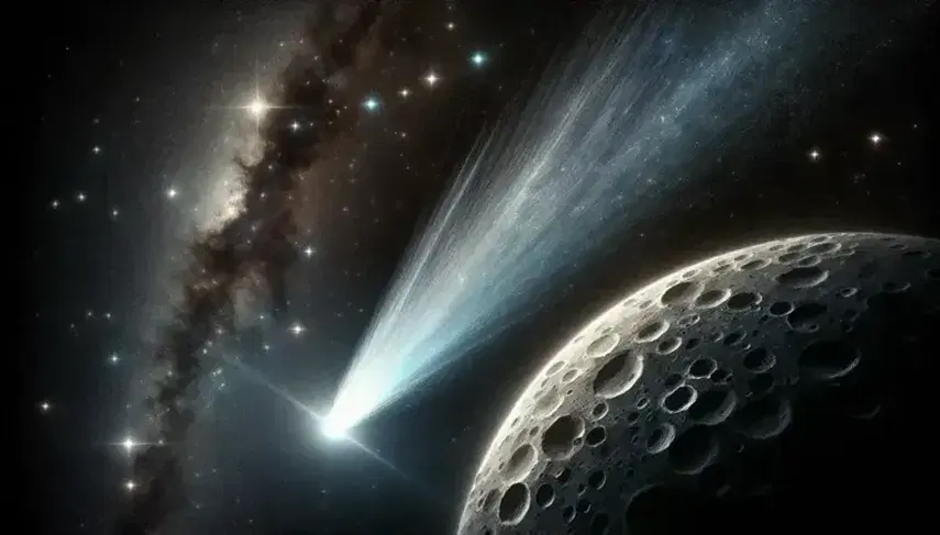 Cometa luminosa con coda di gas e polvere in cielo stellato notturno sopra superficie craterizzata di un pianeta roccioso.