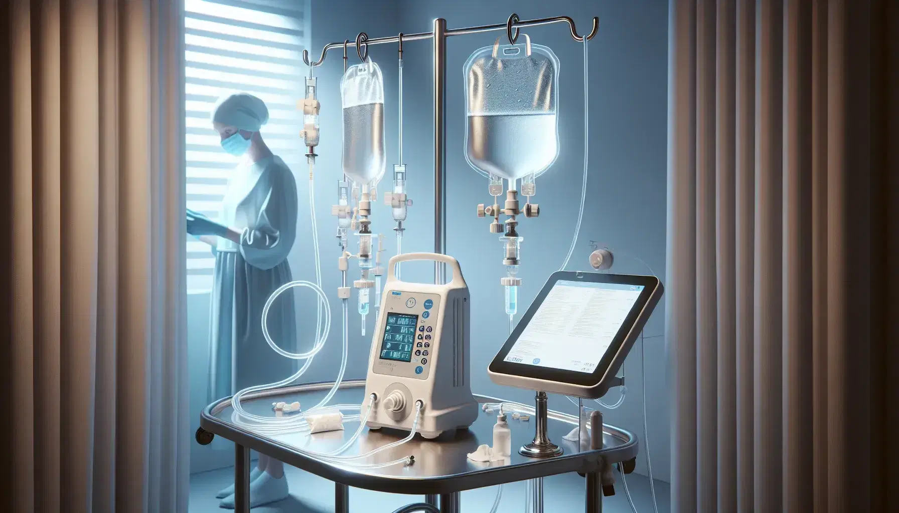 Equipo de nutrición parenteral en hospital con bolsa de líquido, bomba de infusión y profesional de salud revisando datos en tableta electrónica.