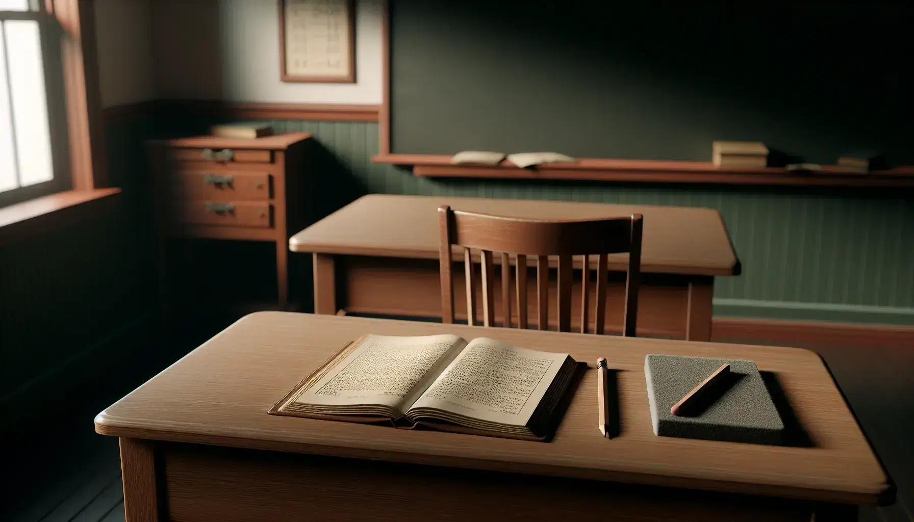 Aula tradicional con mesa de madera, libro abierto, lápiz y silla desocupada frente a pizarra verde limpia y borrador, iluminados por luz natural.