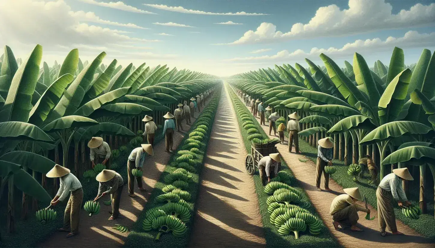 Plantación de bananos con trabajadores cosechando y cargando racimos en un carro bajo un cielo azul claro, rodeados de caminos de tierra y montañas al fondo.