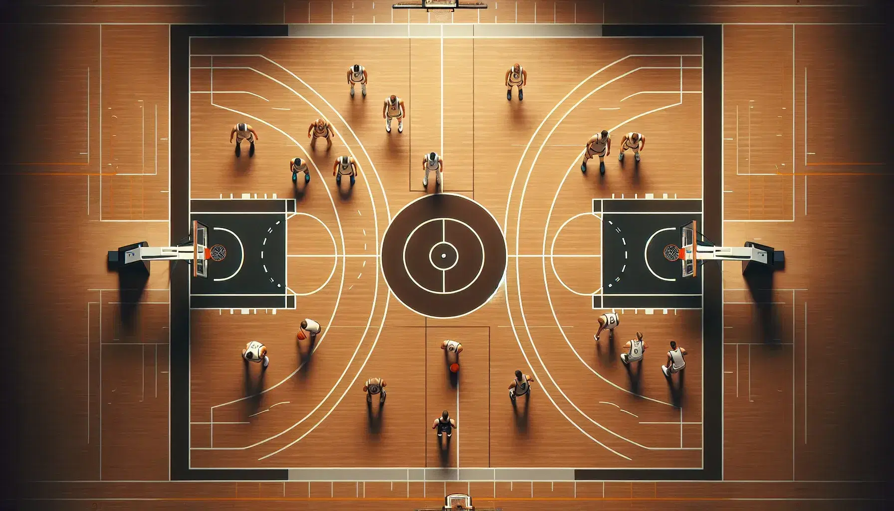 Campo da basket visto dall'alto con giocatori in divisa chiara e scura, linee del gioco bianche, cerchi e canestri con reti.