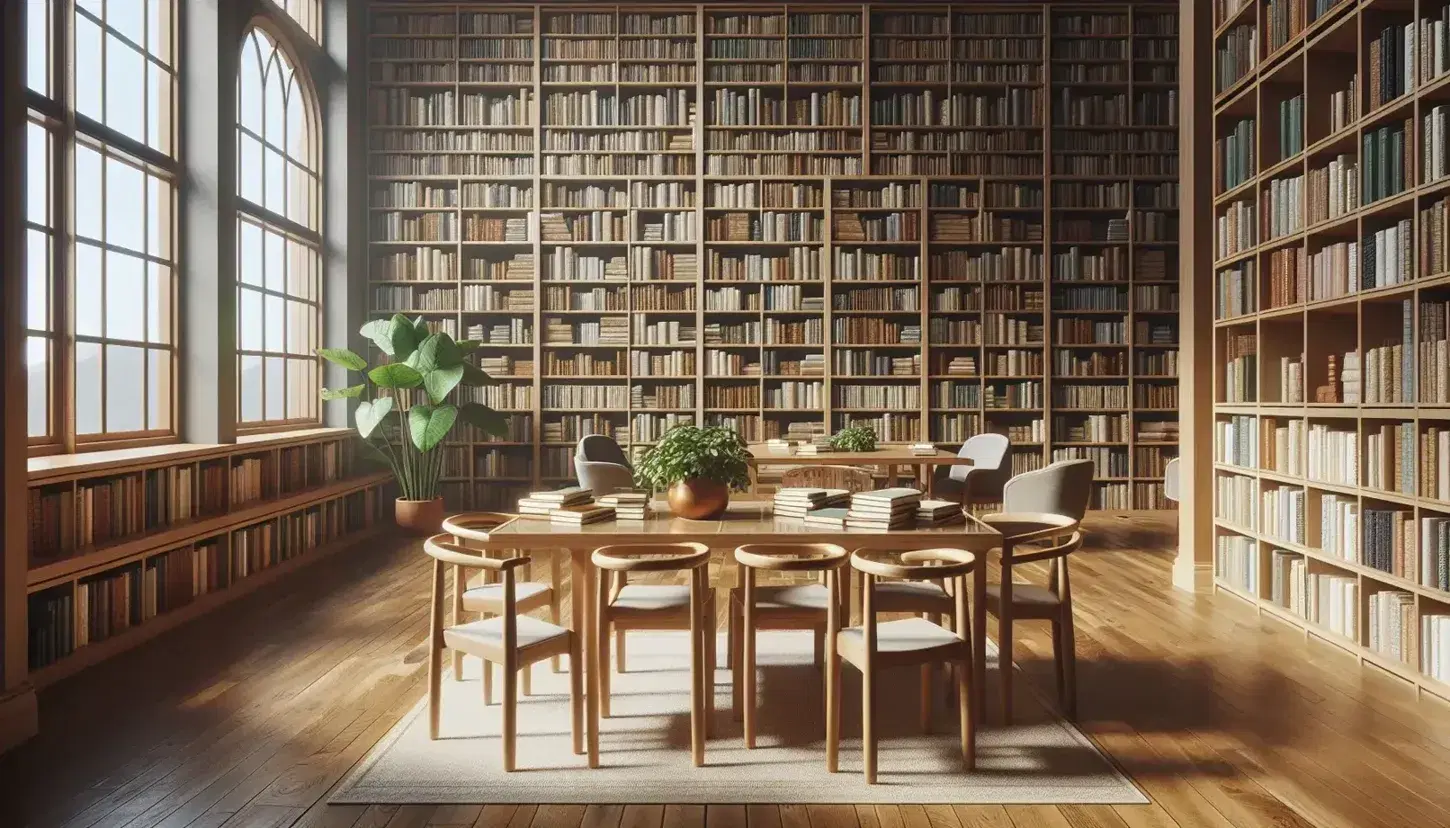 Biblioteca luminosa con estanterías de madera llenas de libros, mesa central con libros abiertos, planta verde y alfombra neutra bajo luz natural.