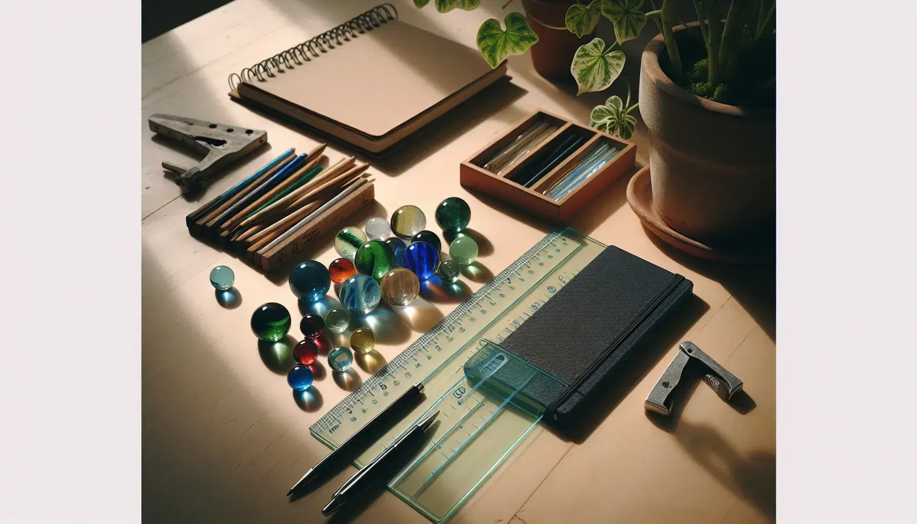 Mesa de madera clara con canicas de colores, regla plástica, cuaderno azul abierto y bolígrafo negro, planta desenfocada al fondo.