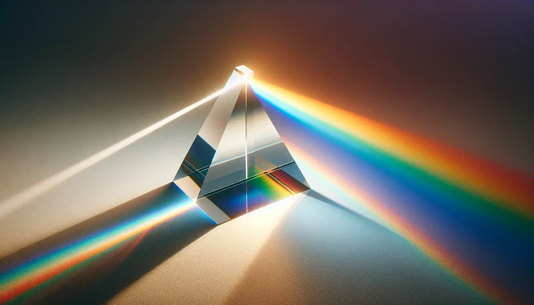 Prisma di vetro su superficie bianca rifrange luce in spettro arcobaleno dai colori rosso a violetto.
