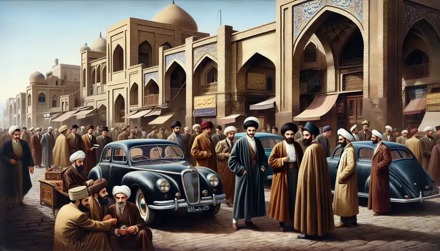 1950s Tehran street scene with men in traditional Persian attire, vintage cars, and mid-century buildings with arched windows under a clear blue sky.