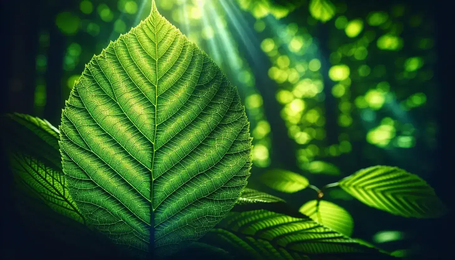 Vibrant green leaf in the foreground with a network of visible veins and a blurred background of foliage, illuminated by sun rays that create a play of light and shadow.