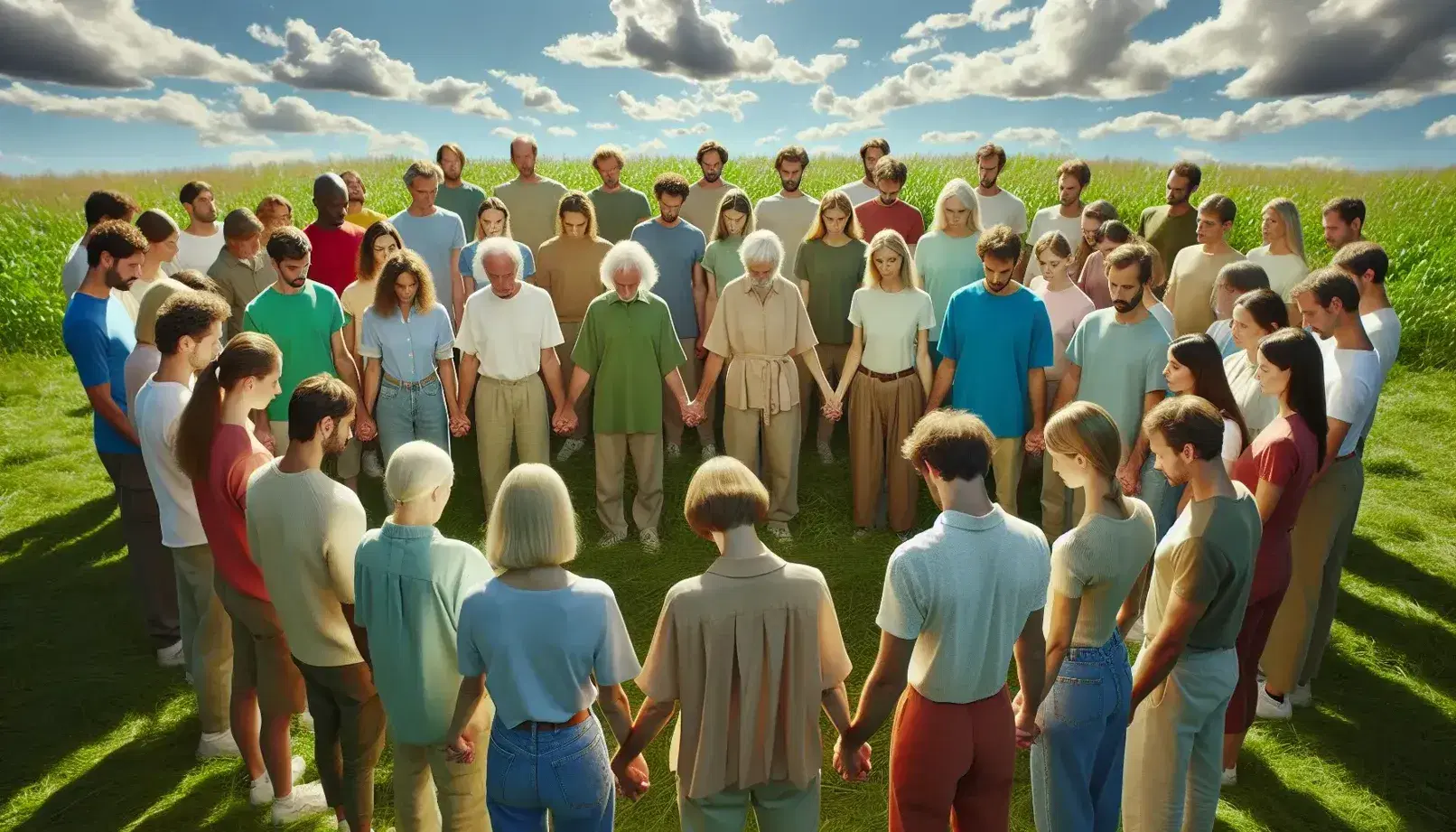 Grupo diverso de personas uniendo manos en gesto de unidad al aire libre, bajo cielo azul claro con luz solar suave.