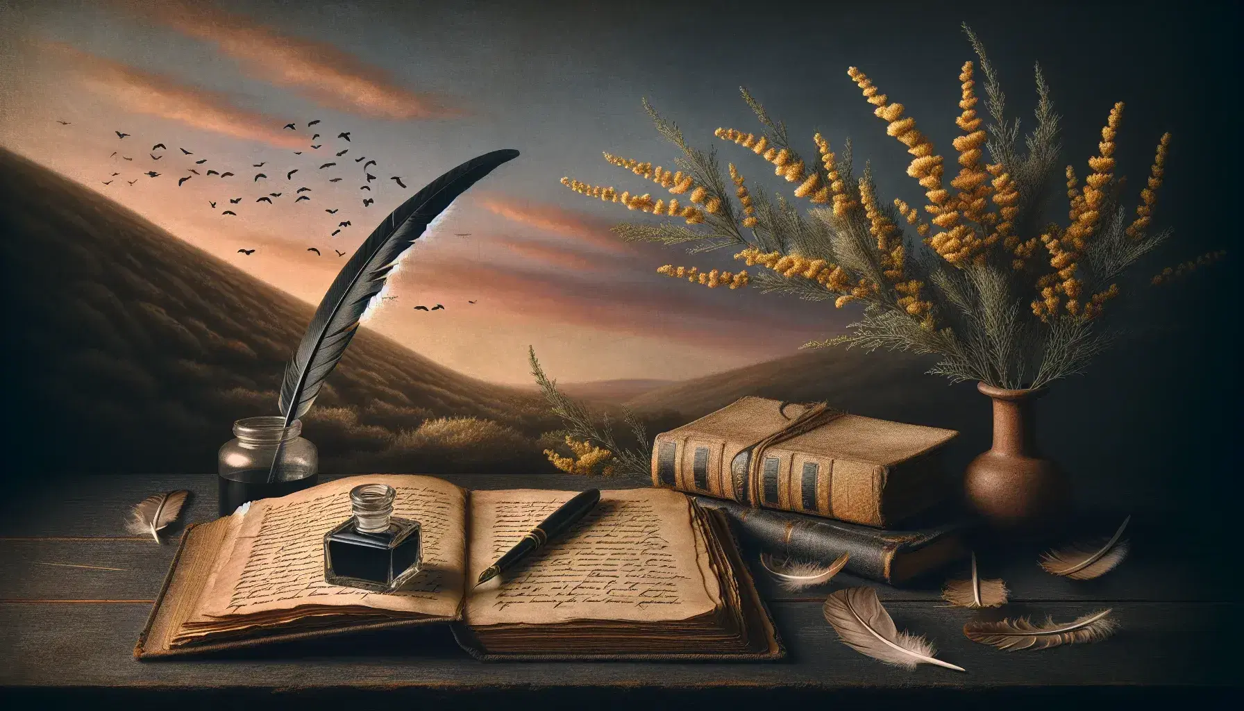 Natura morta con libro antico aperto, penna d'oca e calamaio su tavolo scuro, rametto di ginestra fiorito e quaderno vuoto, sfondo tramonto.
