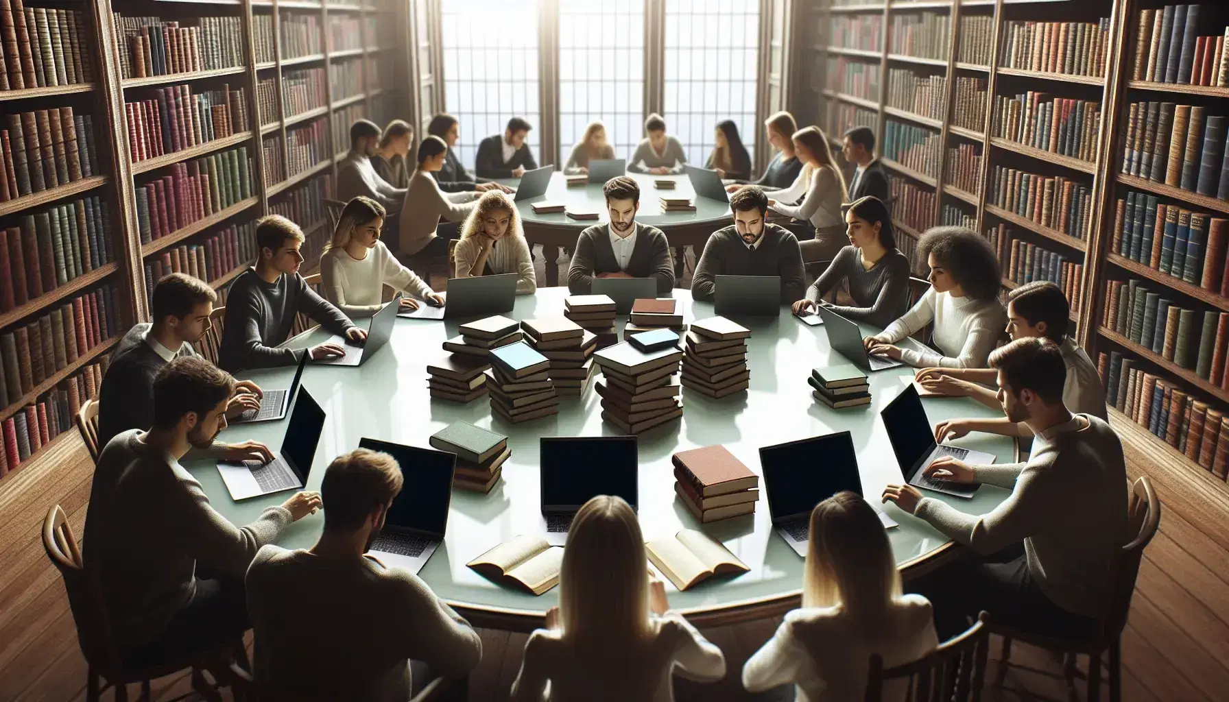 Grupo de estudiantes concentrados estudiando en biblioteca con libros y laptops sobre mesa redonda, luz natural iluminando el espacio.