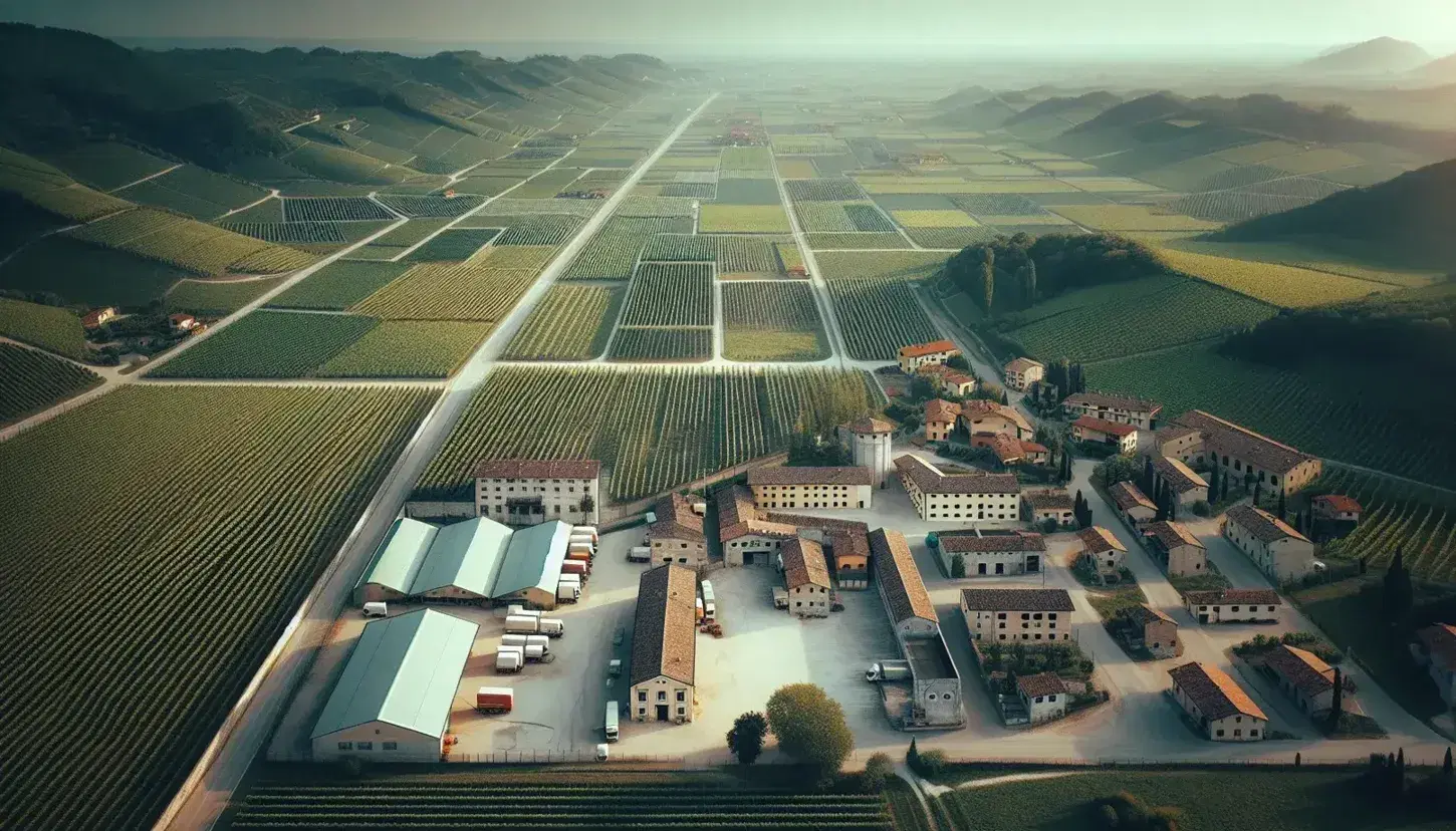 Veduta aerea paesaggio veneto con vigneti ordinati, cantina, zona industriale, colline e ruscelli sotto cielo sereno.