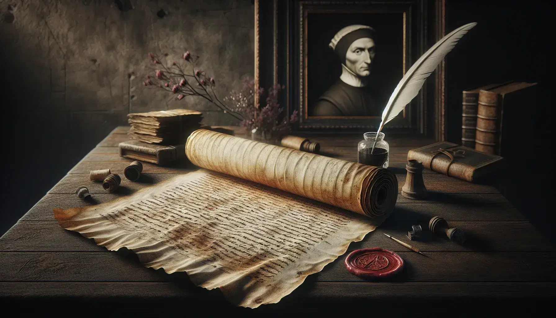 Rotolo antico su tavolo in legno con calamaio, piuma, sigillo in cera e ritratto sfocato di Dante Alighieri sullo sfondo.