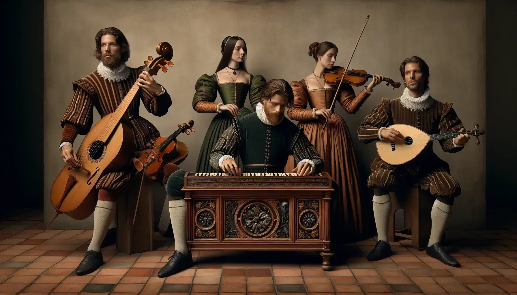 Grupo de cinco músicos en atuendos renacentistas tocando instrumentos de época, con un clavicordio, viola da gamba, flauta transversal, laúd y tambor, ante un fondo de pared de piedra y suelo de terracota.