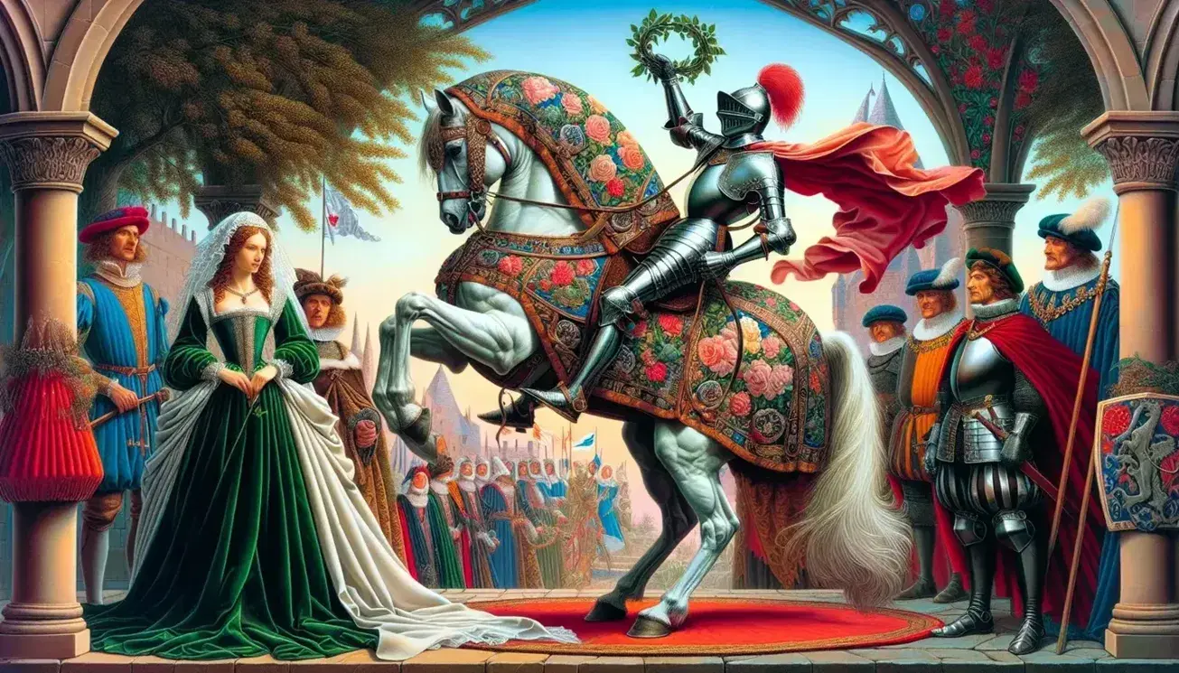 Cavaliere in armatura su cavallo bianco in cortile rinascimentale, dama in abito verde offre corona d'alloro, uomo con libro osserva pensoso.