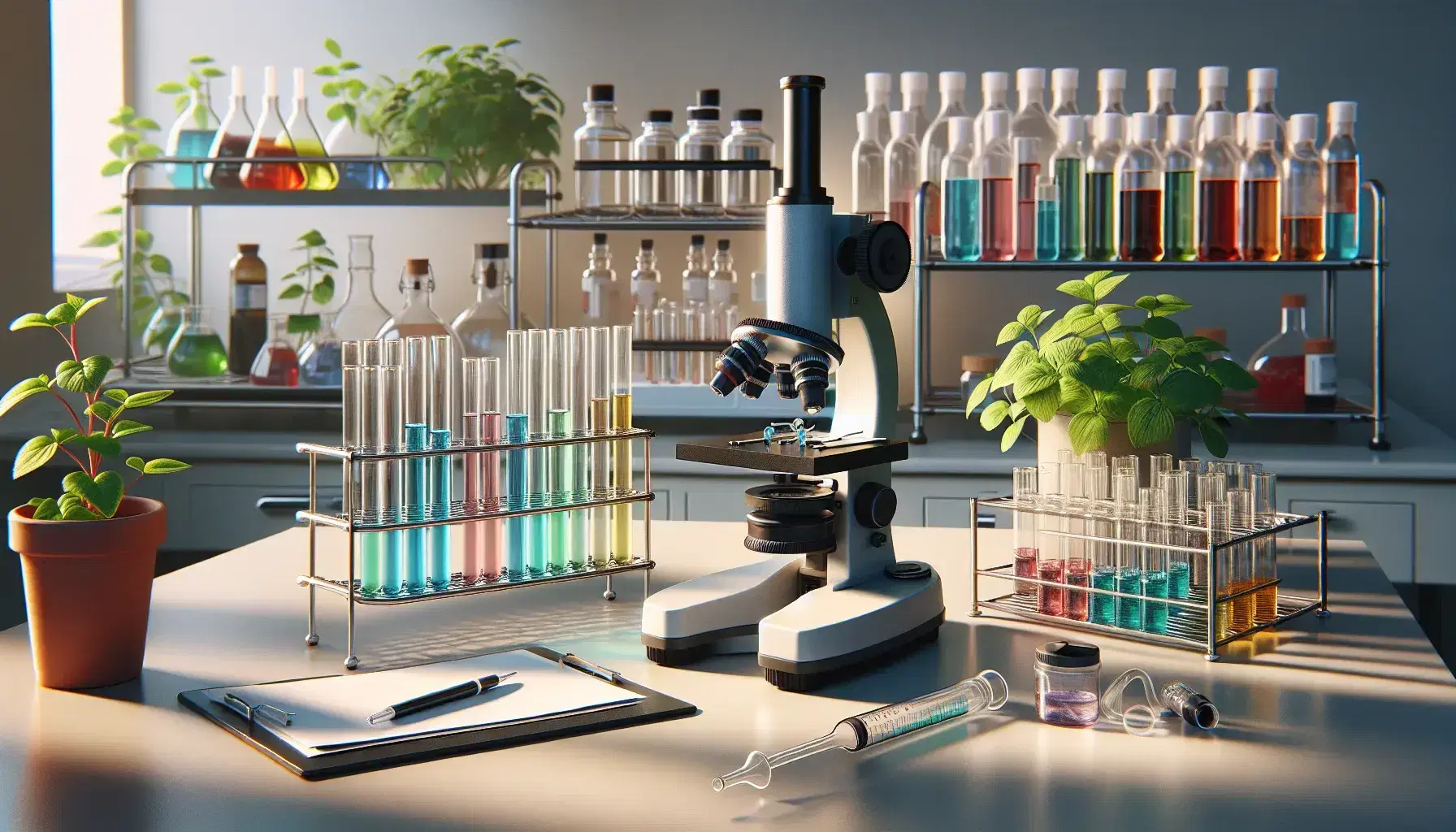 Escena de laboratorio de biología con microscopio compuesto y tubos de ensayo con líquidos de colores en soporte, pipeta y estantería con frascos, junto a planta verde.