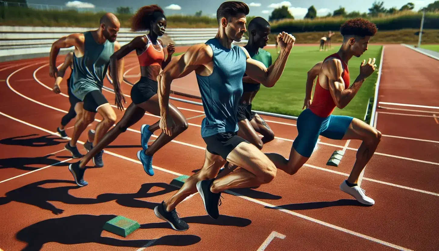 Atletas entrenando en pista de atletismo al aire libre, con corredores en plena carrera, estiramientos y saltos en un día soleado.