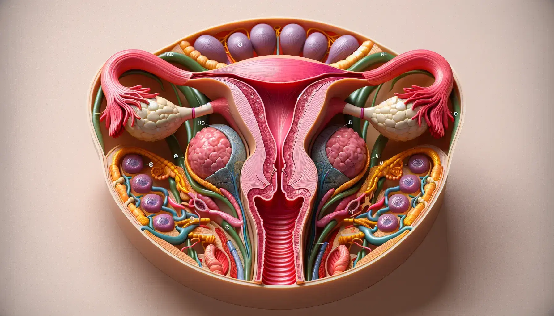 Modello anatomico dettagliato del sistema genitale femminile in vista anteriore con ovaie, tube di Falloppio, utero, cervice e vagina.