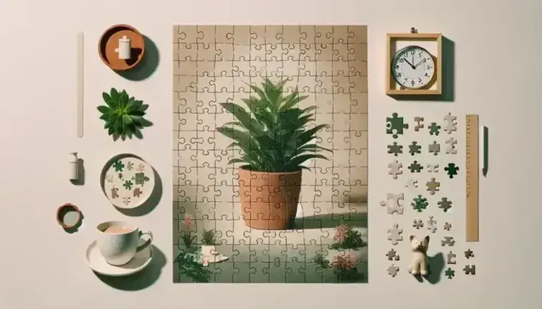 Pianta verde rigogliosa in vaso di terracotta, orologio analogico e statuina animale su sfondo neutro, puzzle incompleto in primo piano, tazza fumante.