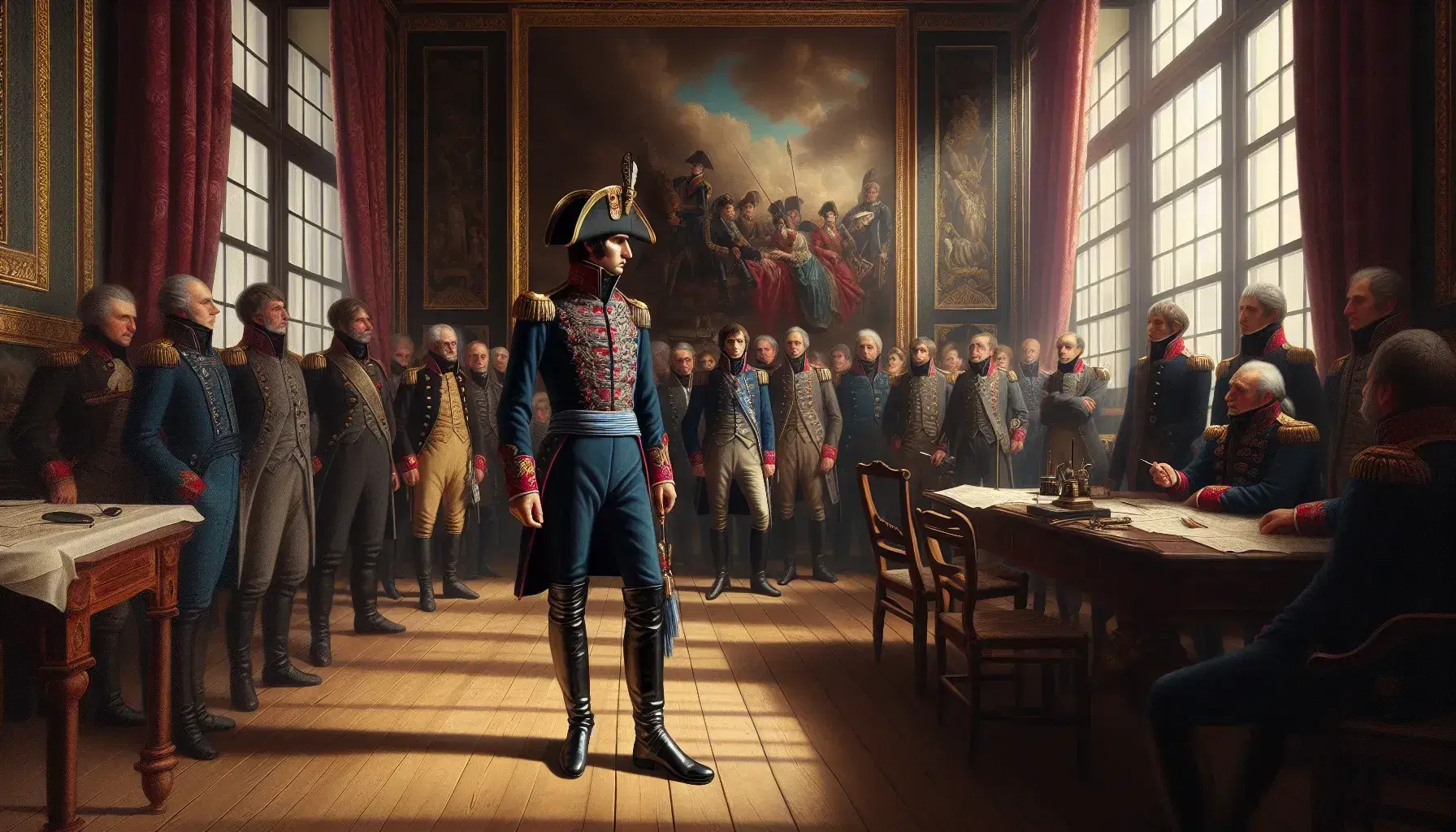 Escena histórica en interior europeo clásico con figura central masculina en uniforme militar azul y bicorne dirigiéndose a grupo de hombres en debate, junto a ventana con cortinas rojas y mesa con papeles.