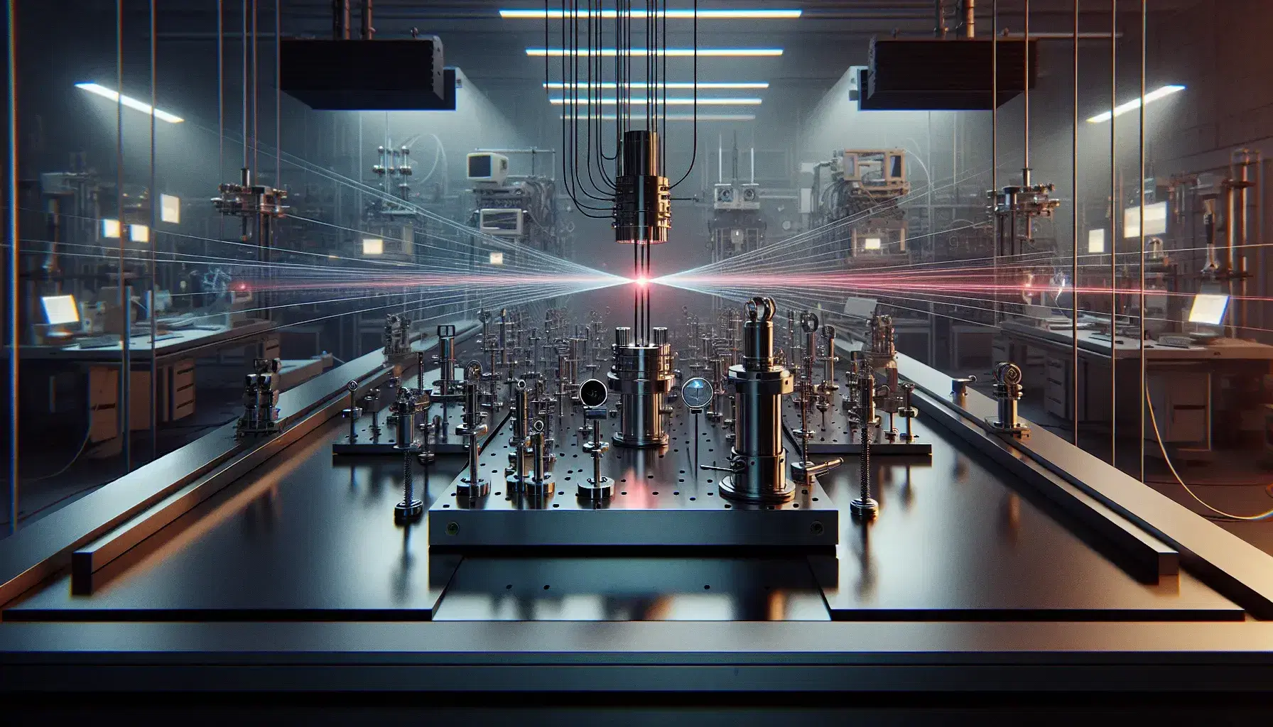 Quantum optics laboratory with a black optical table, red laser, mirrors, beam splitters and cryogenic refrigerator next to a turned on computer.