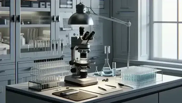 Microscopio elettronico grigio su tavolo da laboratorio con provetta blu, pipette di vetro e strumenti di precisione in ambiente asettico.