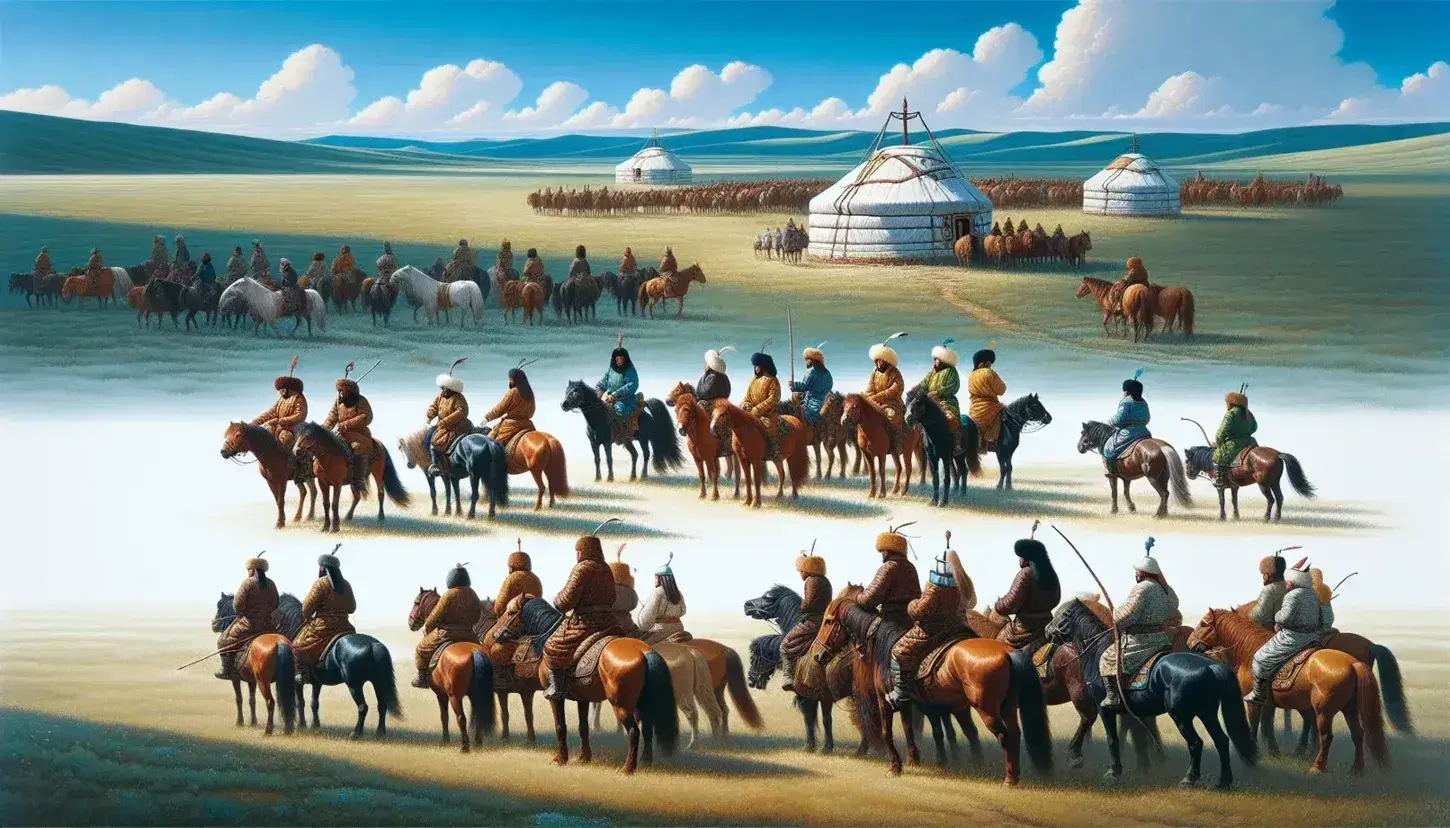 Cavalieri mongoli in abiti tradizionali su cavalli al pascolo su una vasta pianura erbosa con una yurta bianca e colline sullo sfondo.