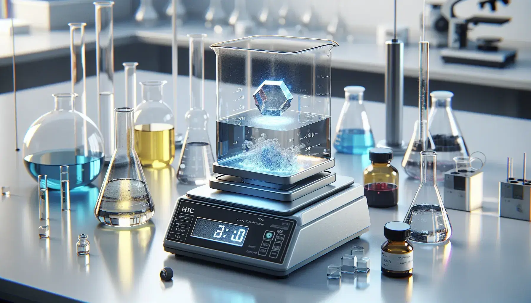 Laboratorio scientifico con becher di vetro, soluzioni colorate, bilancia analitica e cristallo esagonale, in atmosfera di ricerca.