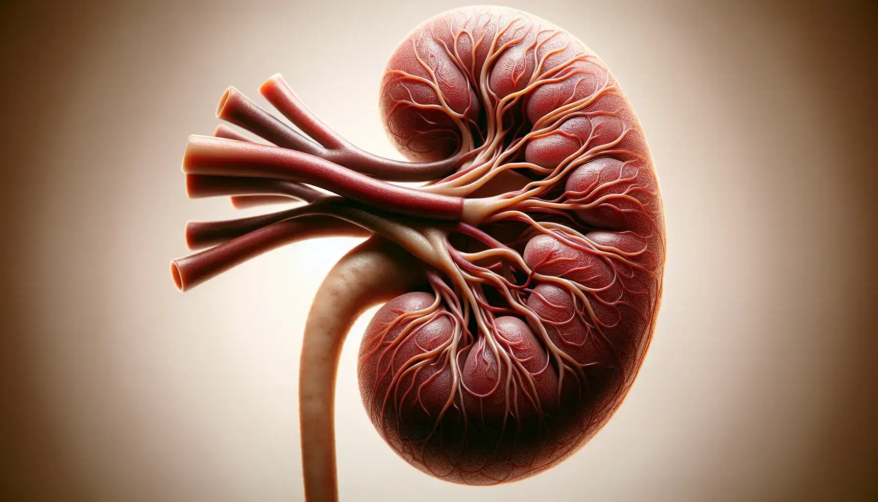 Close-up view of a human kidney showing its reddish-brown color, bean shape, and complex network of blood vessels on a light background.