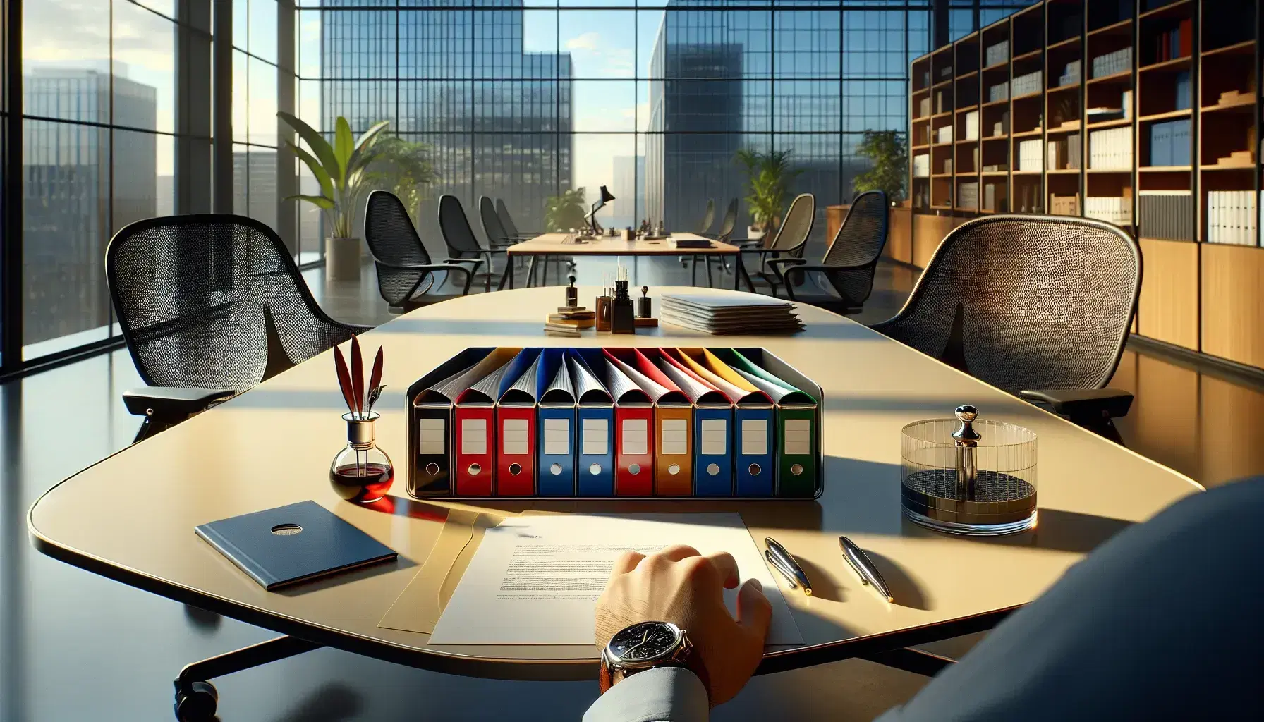Ufficio moderno e luminoso con tavolo ovale, sedie ergonomiche, cartelle colorate, penna stilografica e orologio in primo piano, finestra con vista città.