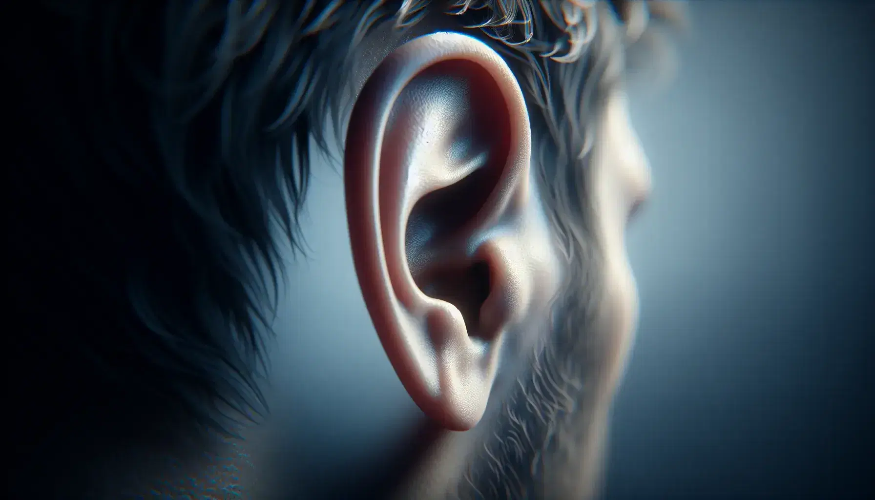 Close-up view of a human ear showing detailed pinna and ear canal entrance against a muted blue background, highlighting the ear's structure.