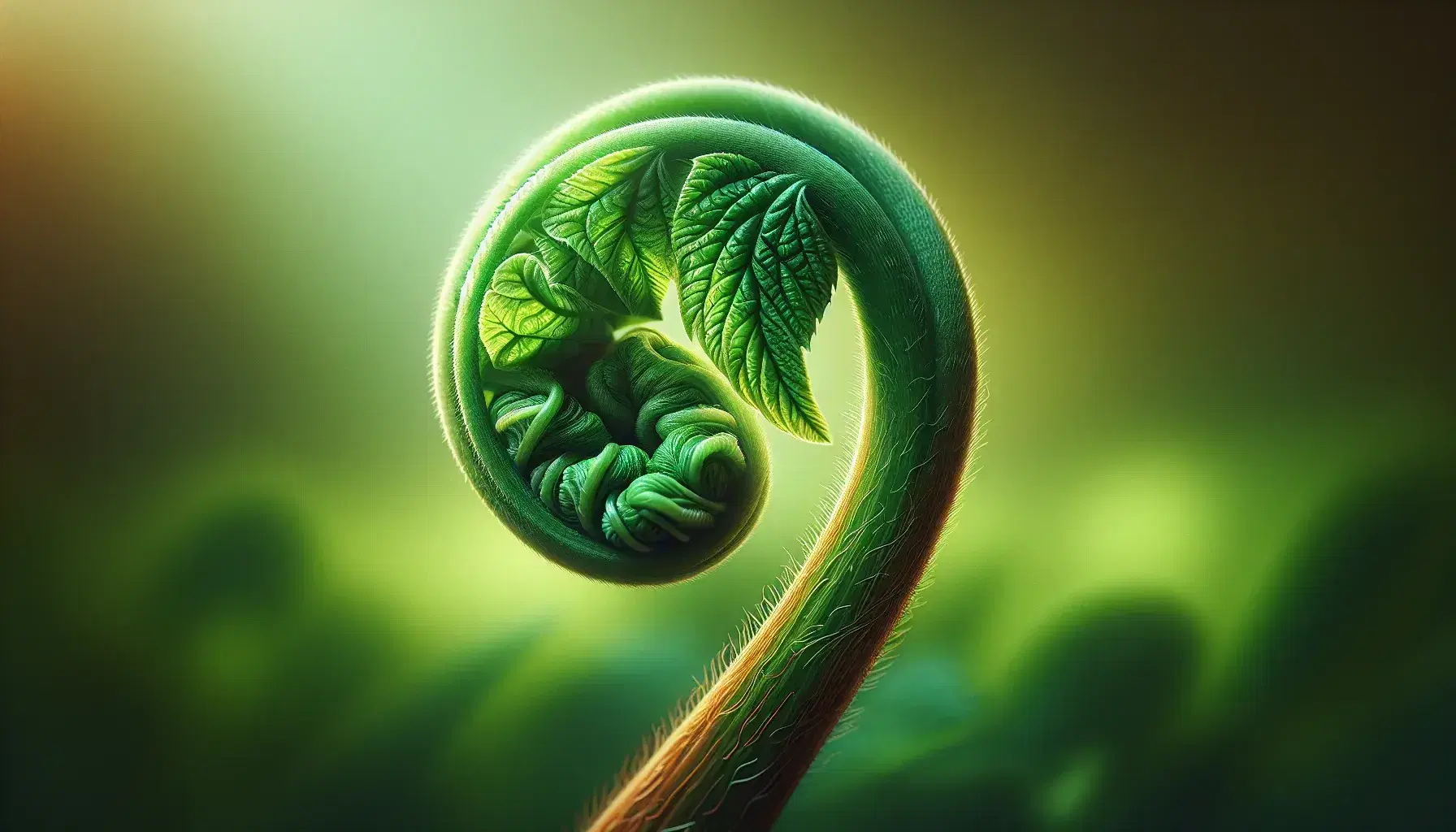 Close-up of a young, unfurling leaf on a green stem with fine hairs, highlighted by natural light against a soft-focus background of greens and browns.
