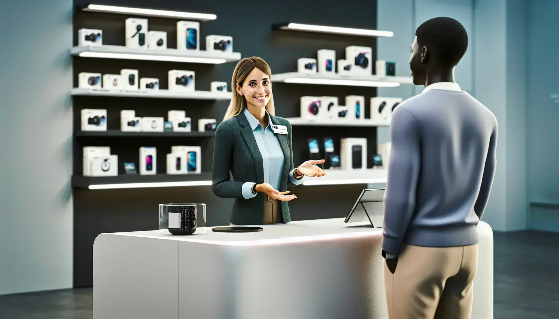 Smiling female customer service representative in blue blazer assists male customer with smartphone at modern electronics store information desk.