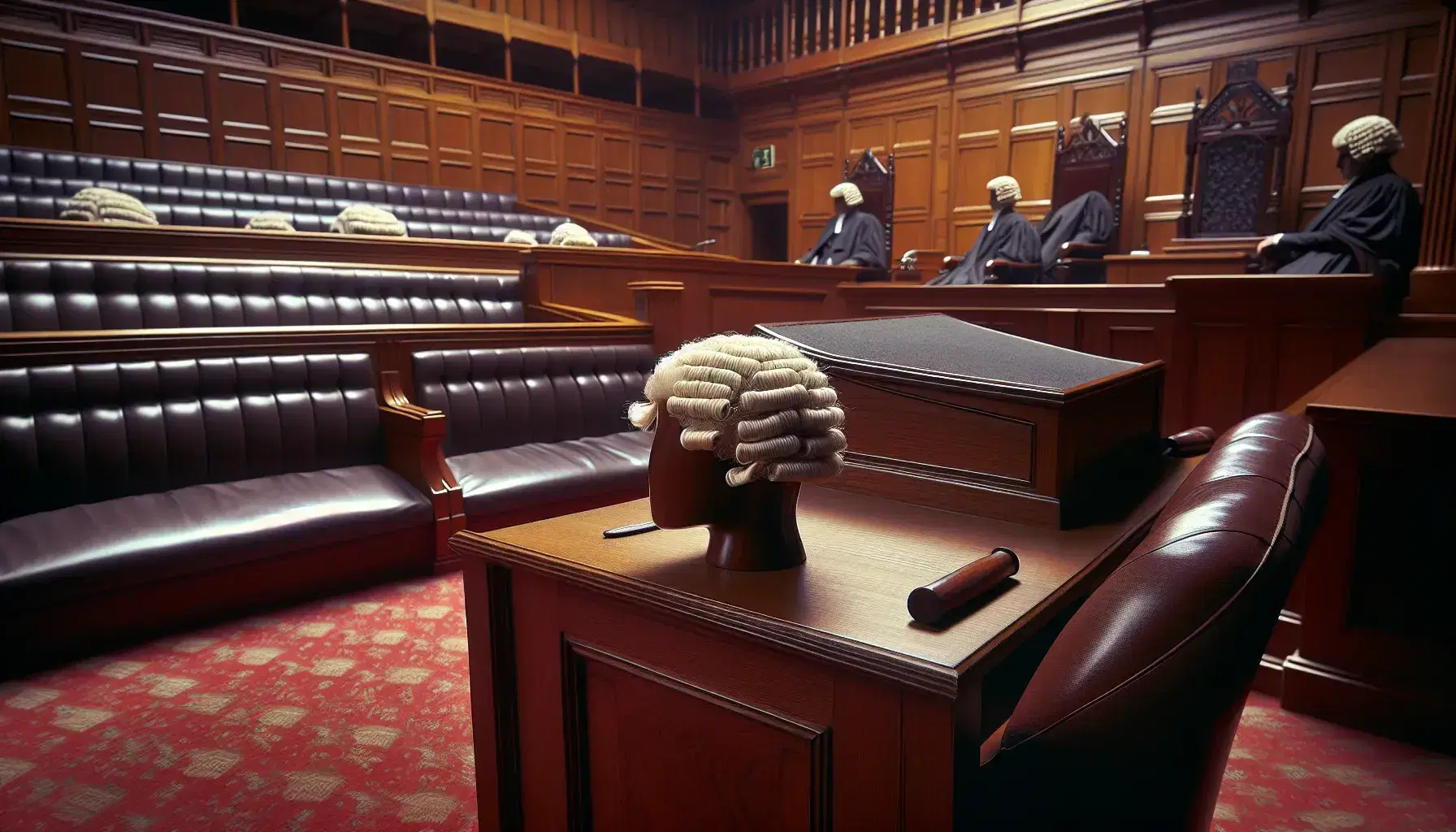 Vintage 1960s British courtroom with a witness stand, barrister's wig on a bench, elevated judge's bench, empty gallery seats, and a large arched window.