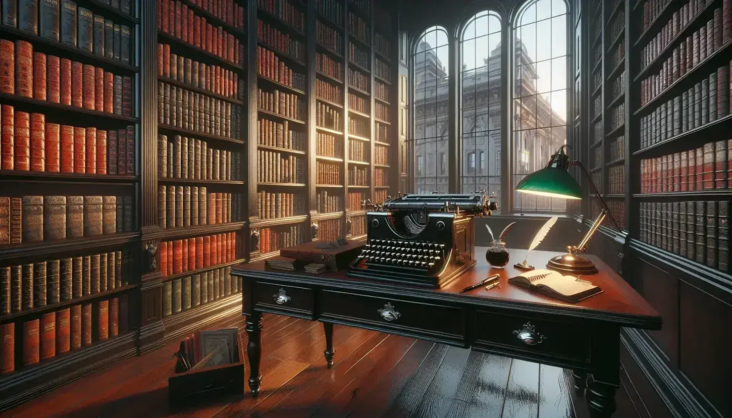 Biblioteca vintage con scaffali in legno scuro pieni di libri rilegati, scrivania con macchina da scrivere e penna d'oca, luce soffusa.