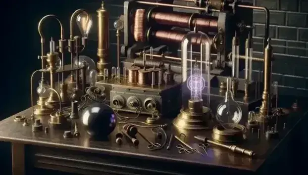 Historic laboratory with wooden table, brass and glass scientific instruments, illuminated vacuum tube and iron dynamo.