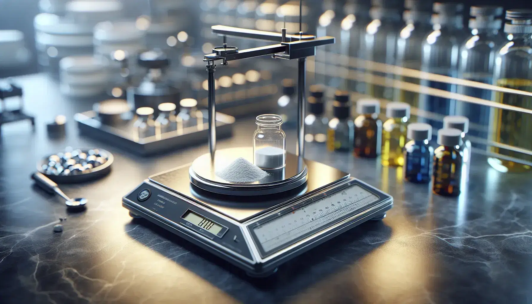 Bilancia analitica di precisione in laboratorio chimico con contenitore trasparente di polvere bianca e pesi di calibrazione metallici su piano in marmo grigio.