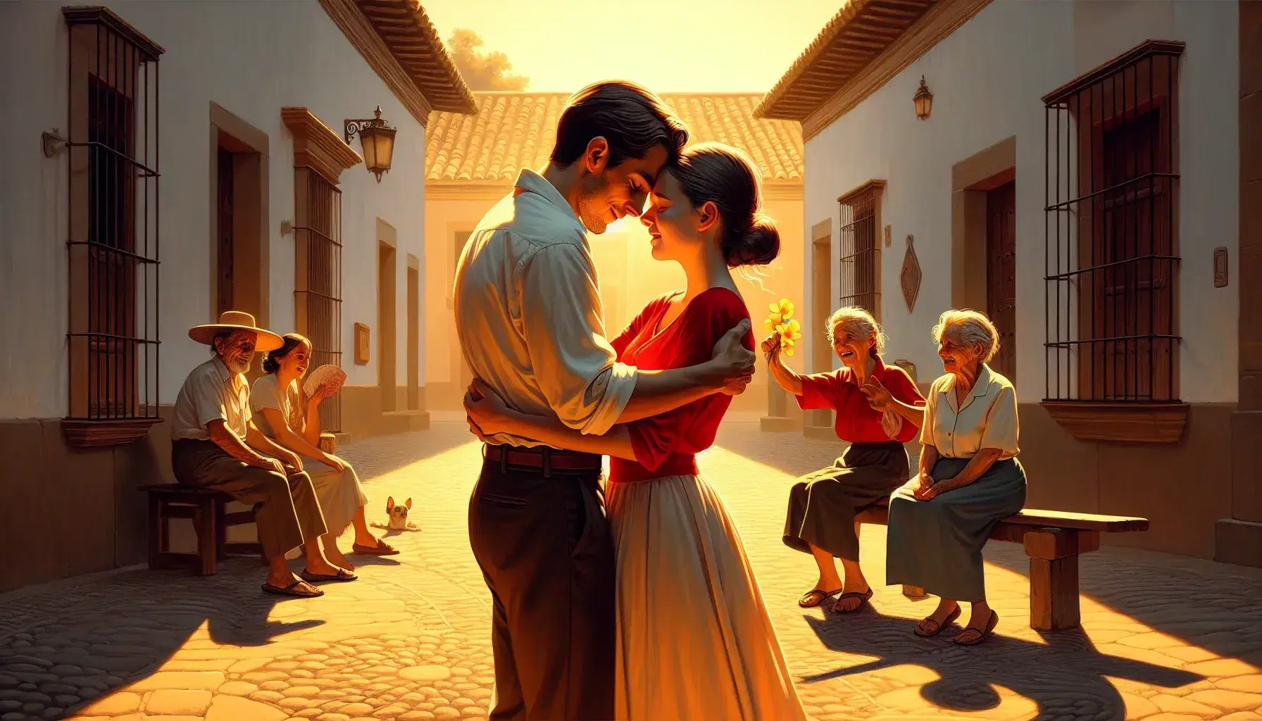 Warm Spanish plaza scene with an embracing couple, a child offering a flower to an elderly woman, and friends laughing together near a fountain.