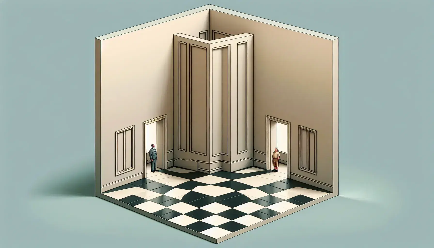 Optical illusion of the Ames room with two people appearing to be different sizes due to the trapezoidal shape of the room.